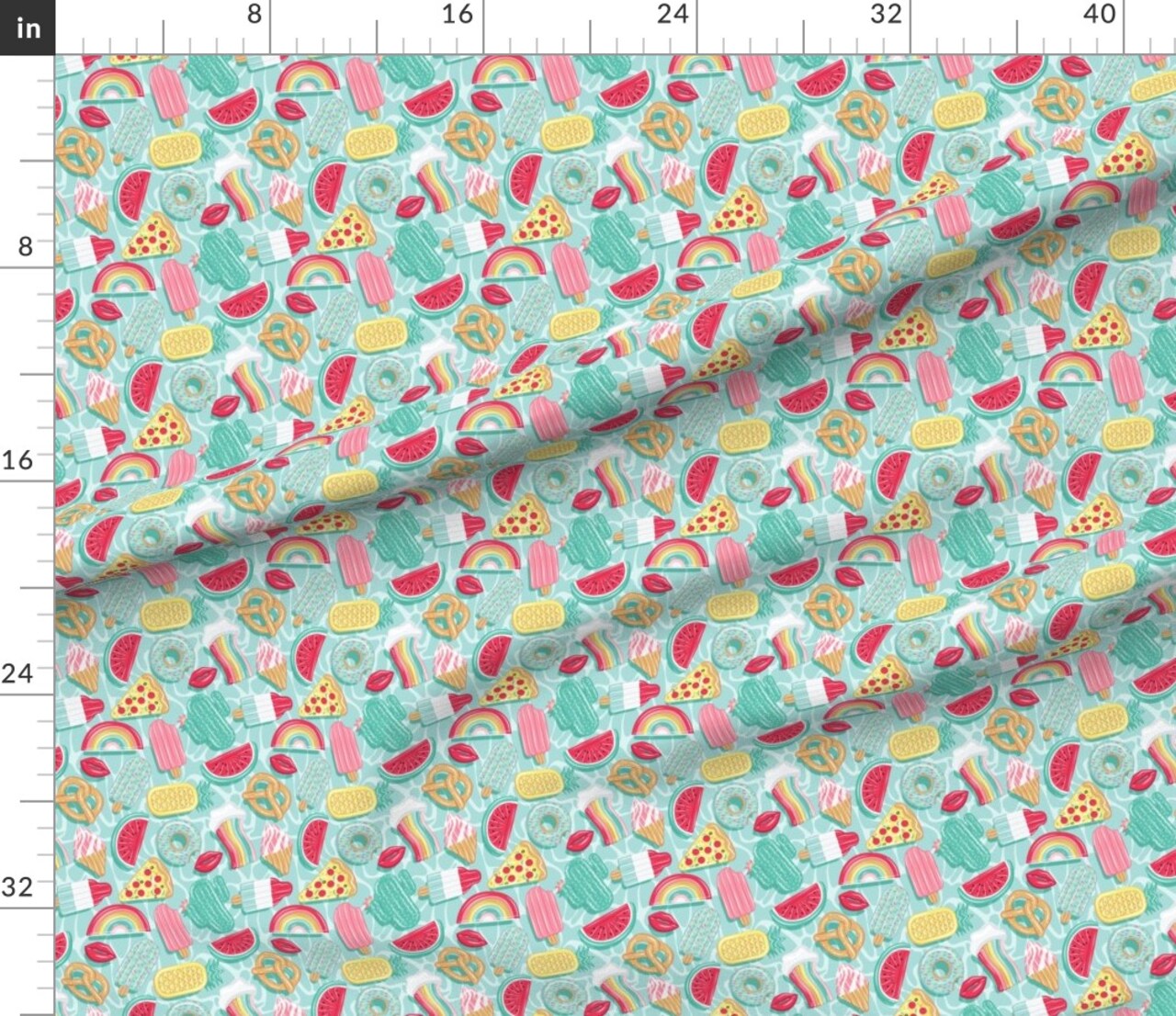 Pool Float Small Scale Aqua Summer Beach Watermelon Pineapple Rainbow Custom Printed Fabric by Spoonflower Various Fabrics by the Yard or Fat Quarter